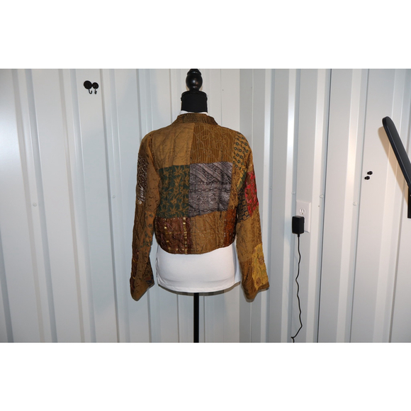 Celeste Women's Silk Blend Patchwork Jacket Size Small/Medium Brown Gold Cropped - Picture 2 of 10